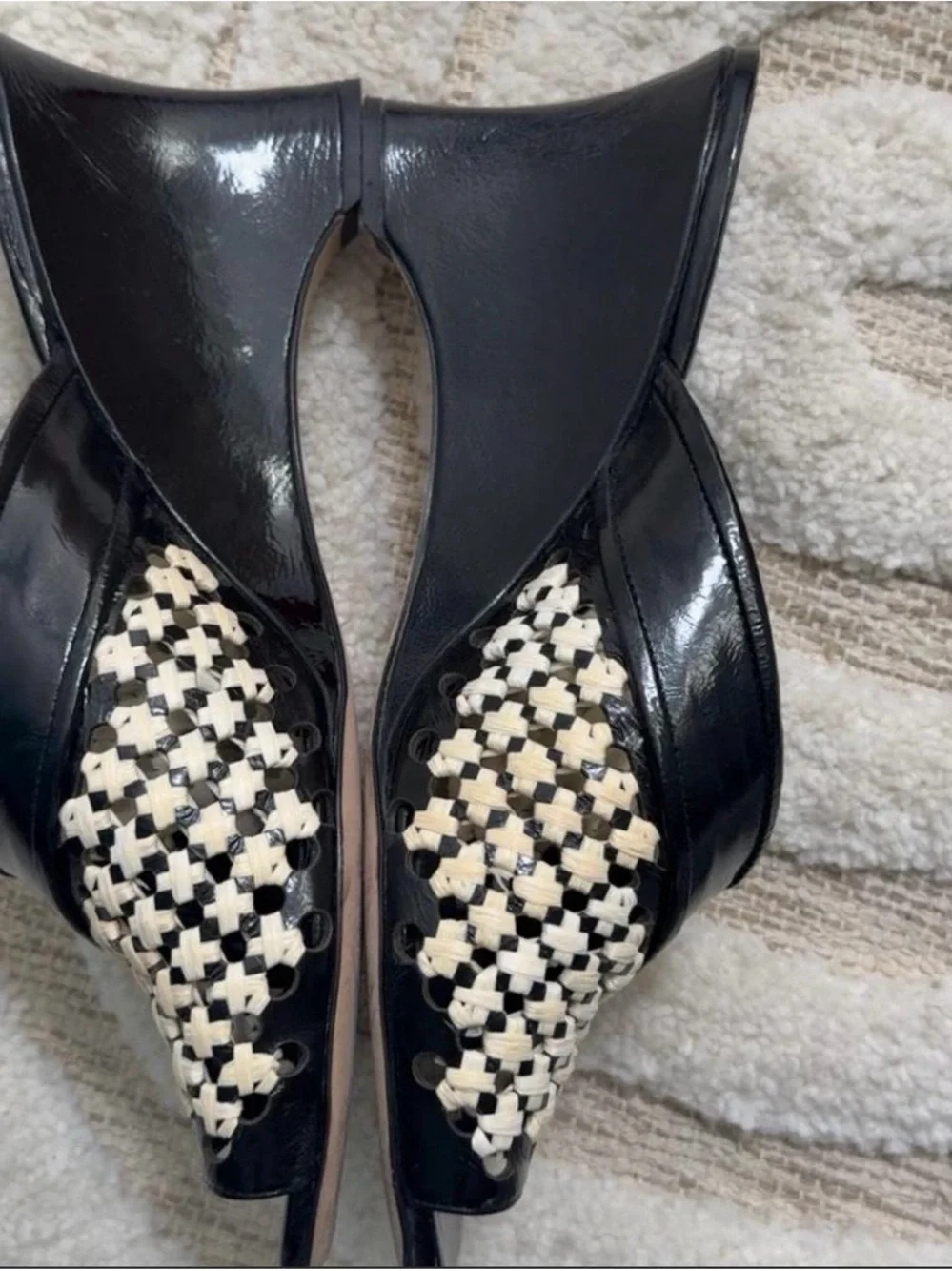 Tory Burch Black and Cream Woven Slide Sandals With Tory Burch Box and Bag